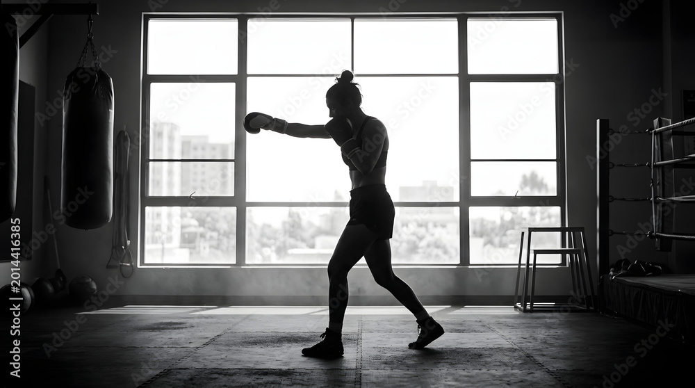 Fototapeta premium Silhouette of a female boxer throwing a punch in a gym