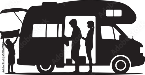 Silhouette of a family loading a camper van for a road trip vacation, including a child holding a pillow and parents standing by the open door