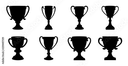 Eight black trophy cups in a row - A clean set of eight identical black trophy cups arranged neatly in two rows of four, ideal for awards or success themes.
