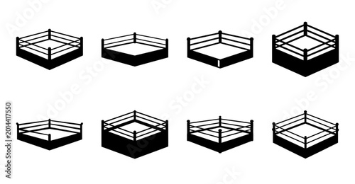 Modern boxing ring with ropes and corner posts - Isometric vector illustrations of a minimalist boxing ring from different angles, showing ropes and corner posts in a clean, simple style.