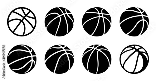 Basketball icons with different styles and designs - Six stylized basketball icons arranged neatly, showing variations in line thickness and shading for a modern, clean design aesthetic.