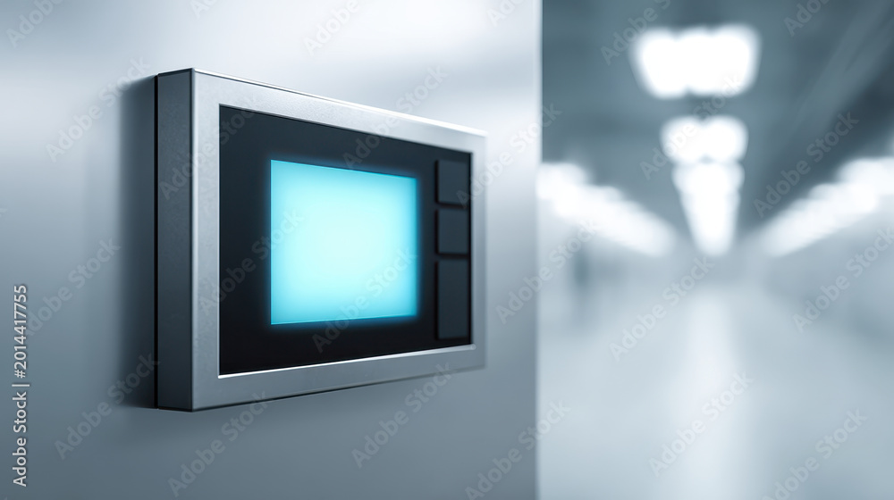Fototapeta premium Digital industrial control panel with blue screen showing advanced technology for literacy in automation and smart system management