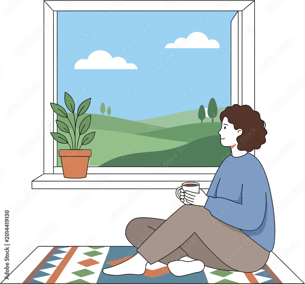 Obraz premium Woman drinks coffee looking at peaceful.
