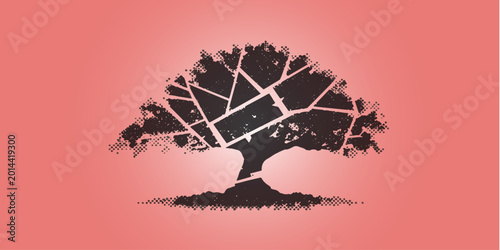 Schilderij op canvas A black vector tree silhouette and an artful clock design are combined with an e