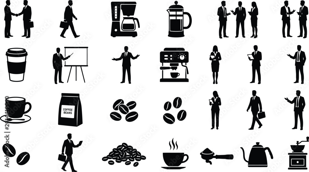Obraz premium Business people and coffee silhouette icons