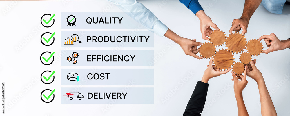 Obraz premium Hands Collaborating on Business Metrics with Checkmarks Highlighting Quality, Productivity, Efficiency, Cost, and Delivery in a Team Environment. Bitwise.