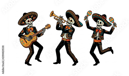 Foto Day of the Dead skeletal mariachi band vector illustration Mexican festival musi