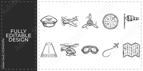 Cuadro en lienzo Set of travel and aviation icons with airplane luggage and pilot hat for tourism