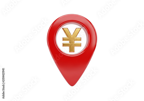 Free Download Isolated 3D red location pin with a gold yen symbol representing currency and finance, ideal for financial services or app design.   - GFXLoad