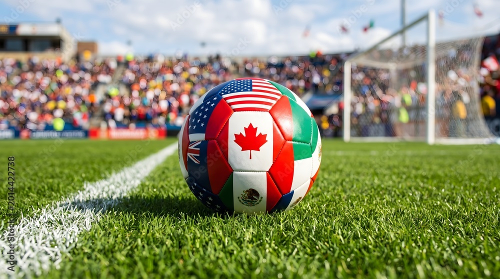 Fototapeta premium Football world cup 2026 soccer ball on green field with flags of host countries