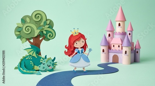 A paper-cut princess walks a winding path past a sleeping dragon toward a pastel castle. Layered cardstock and clean shadows create a crisp, peaceful, and inviting storybook world.