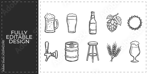 Tableau sur toile Set of beer and pub icons with glass bottle and hops for brewery and alcohol bra