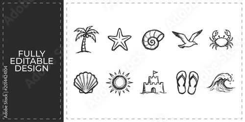 Bild auf Leinwand Set of sea and shell icons with starfish and palm tree for tropical marine natur