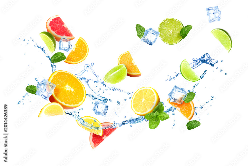Fototapeta premium Citrus fruits, ice cubes and splashing water in air against white background
