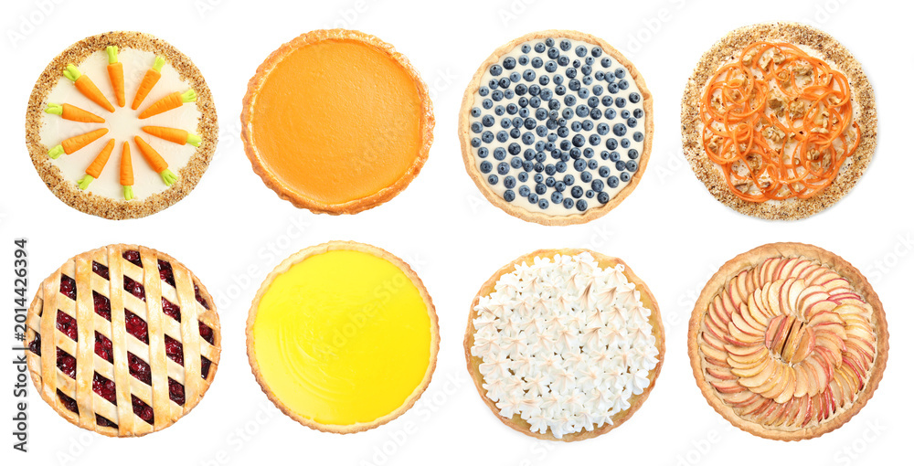 Fototapeta premium Cakes and pies isolated on white, collection. Top view