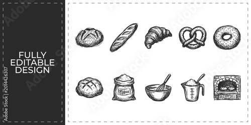 Bild auf Leinwand Set of pastry and bakery icons with donut bread and croissant for cafe and desse