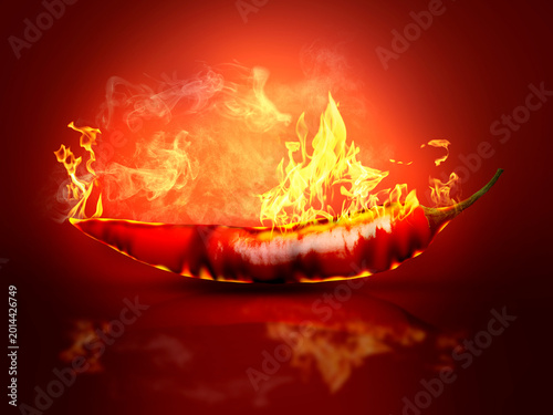 Foto Hot chili pepper with flames and smoke on red gradient background