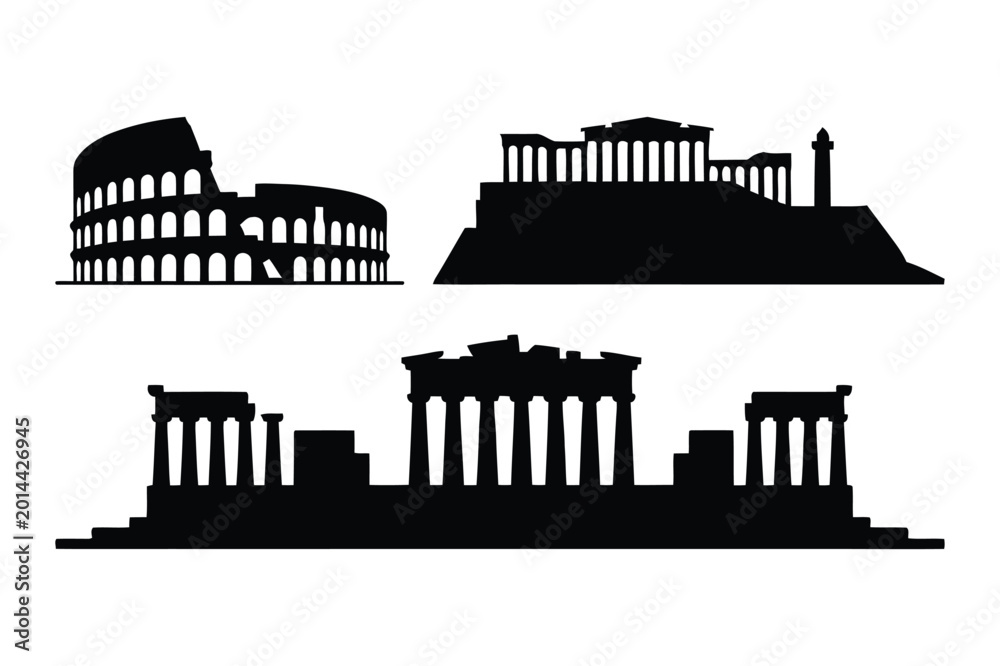 Fototapeta premium Famous ancient landmark silhouettes: colosseum acropolis parthenon with heritage