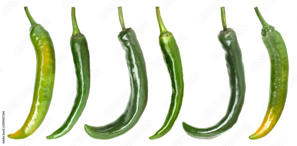 Naklejka premium Green chili peppers isolated on white, set