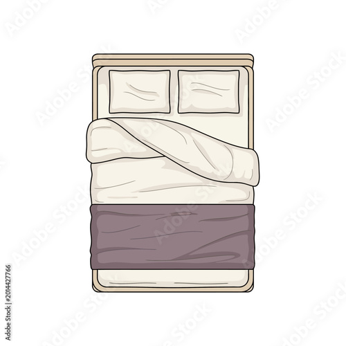 Fotografie Bedroom interior, cozy bed with white and purple sheets, overhead view, vector i