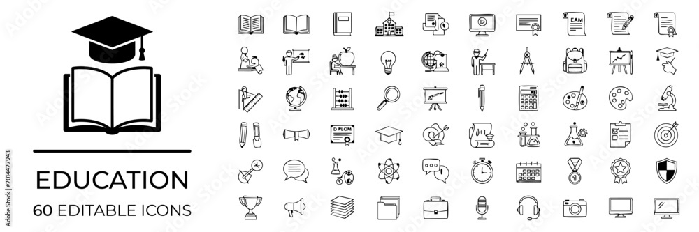 Fototapeta premium Education & Learning Icons – Flat Minimal Black and White