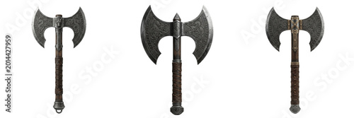Tableau sur toile Medieval Double-Bladed Executioner Axe 3D Illustration Isolated on White Background, Fantasy Weapon Graphic for Game Assets, Historical Reenactment, and Warrior Theme Digital Art
