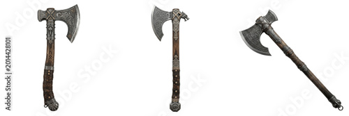 Ancient Double-Headed Viking Battle Axe 3D Illustration Isolated on White Background, Historical Weapon Graphic for Museum Education, Fantasy Roleplay, and Medieval Warrior Theme Designs.