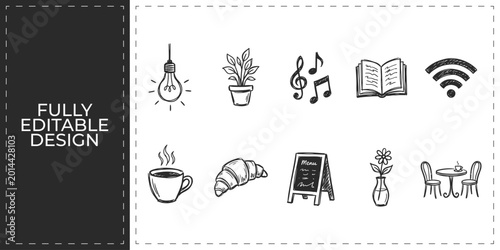 Quadro su tela Set of cafe and daily life icons with lamp coffee and croissant for lifestyle an