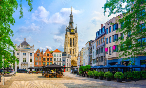 Kortrijk cityscape, old town Kortrijk city historical center Grote Markt Central market square, Saint Martin's Catholic Church bell tower building, West Flanders province, Flemish Region, Belgium