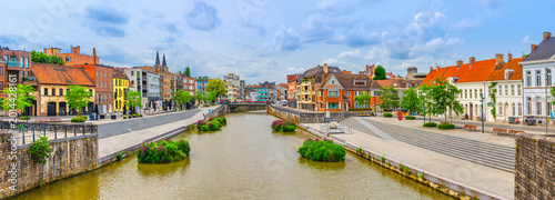 Foto Kortrijk cityscape panoramic view with embankment promenade of Lys river, Courtr