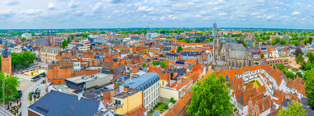 Naklejka premium Aerial panoramic view Kortrijk city historical centre, Grote Markt square, Belfry, City Hall, Catholic Church of Our Lady, Beguinage Courtrai old buildings, Kortrijk skyline, Flemish Region, Belgium