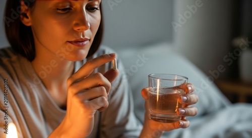 Woman holding magnesium pill and glass of water before sleep. Evening health supplement ritual for wellness and relaxation. Daily routine for stress relief and healthy sleeping habit.