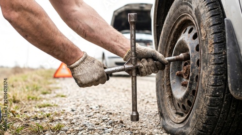 Driver wearing dirty work gloves using a silver metal cross wrench to loosen lug nuts on a flat car tire on a gravel road