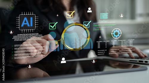 Quadro su tela Business Professional Using Digital Tablet to Analyze Data with AI Technology and Interactive Graphics in Modern Office Environment Haptic