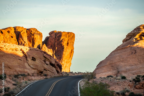 Valley of Fire State Park Nevada Scenic Desert Roads Winding Through Red Rock Formations and Sandstone Landscape at Golden Hour
