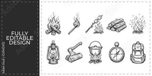 Schilderij op canvas Set of camping and barbecue icons with grill and campfire for outdoor summer adv