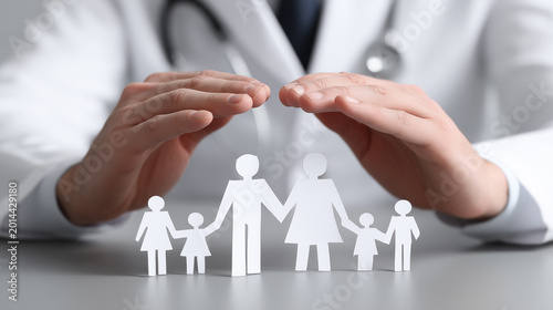 A doctor protecting paper family figures with both hands, symbolizing healthcare insurance, family safety and medical protection.
