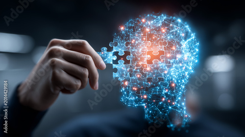 A digital human head made of puzzle pieces, symbolizing mental health support, cognitive therapy and problem solving.
