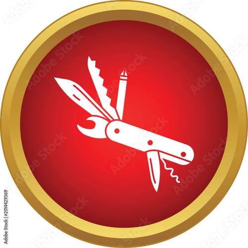 White outline of a versatile pocket knife tool on a red and gold background