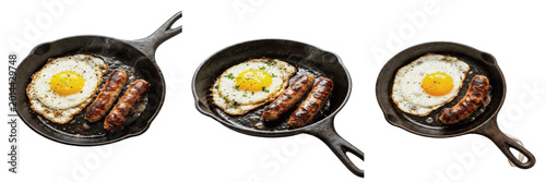 Tableau sur toile Fried Egg and Sausages Breakfast Platter in Cast Iron Skillet Isolated on White Background, 3D Food Illustration for Morning Menu Design, Cafe Advertising, and Culinary Blog Graphics