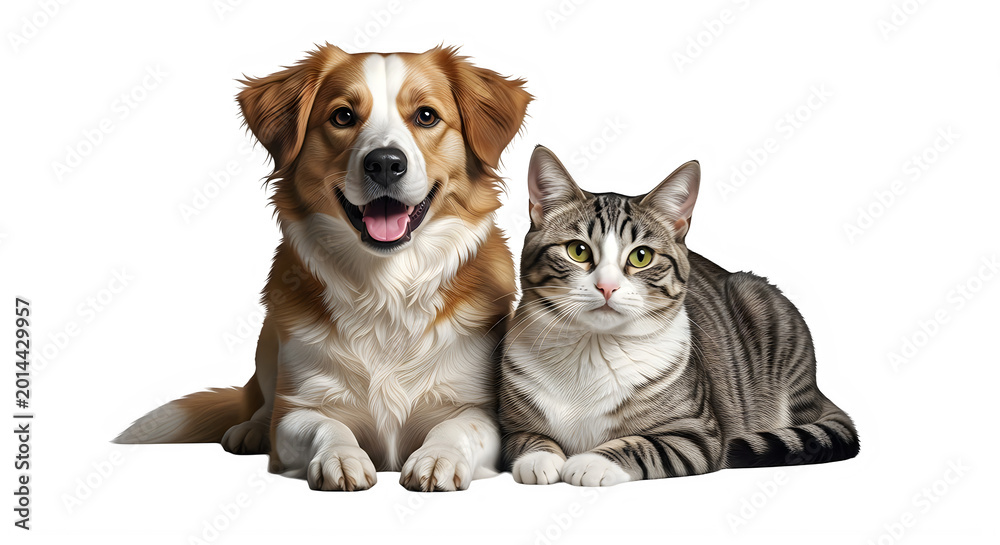 Obraz premium Happy brown and white mixed breed dog sitting next to a calm grey tabby cat isolated on white background representing pet friendship and animals