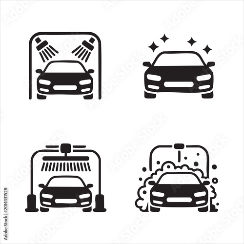 Foto Collection of car wash icons showing various stages of cleaning and sparkling vehicles