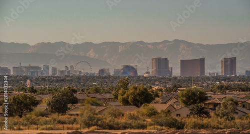  Las Vegas Nevada Skyline with Stratosphere Tower and Desert Mountain Backdrop from Daylight to Sunset and Night