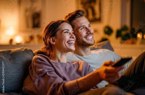 Happy young couple watching TV together on couch at home during cozy evening with warm lighting