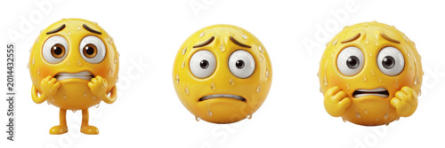 Schilderij op canvas Yellow Scared Face Emoji with Wide Eyes and Sweat Drops 3D Illustration Isolated on White Background, Fearful Emotional Character for Social Media and Mental Health Awareness Communication