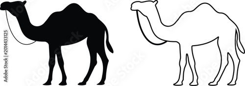 Konstfotografi Camel silhouette and outline vector icon set collection group with Arabian deser