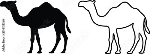 Foto Camel silhouette and outline vector icon set collection group with Arabian deser