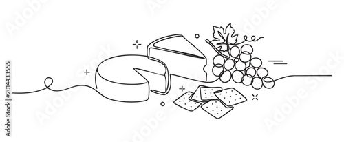 Continuous line drawing of a cheese platter with grapes and crackers as a minimalist vector illustration for a gourmet food and appetizer concept on a transparent background