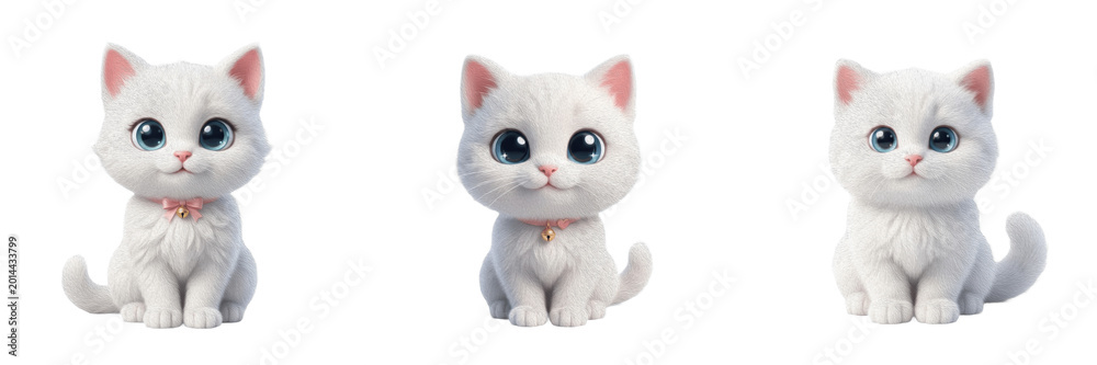 Fototapeta premium Cute White Kitten Sitting Isolated on White Background - Adorable Fluffy Baby Cat with Big Blue Eyes for Pet Care, Veterinary Services, Animal Lovers, Domestic Feline Photography, and Decor