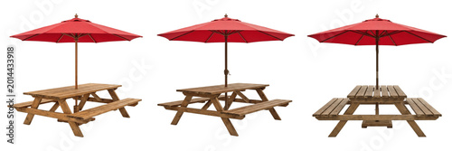 Foto Wooden Picnic Table with Red Umbrella Isolated on White Background - Summer Outd